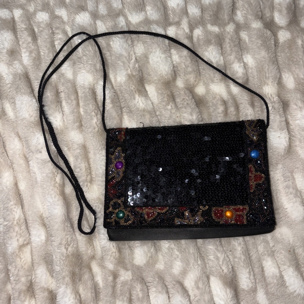 Vintage La Regale Black Sequin Beaded Evening Bag Jeweled Purse Crossbody